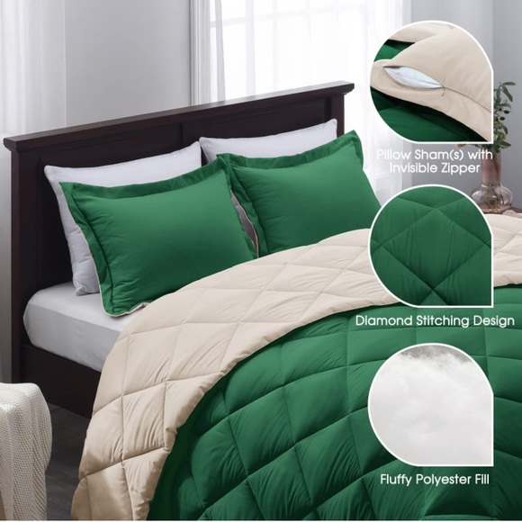 Forest Green/Ivory Comforter Set 3 King Size Reversible Down Alternative - Picture 4 of 6